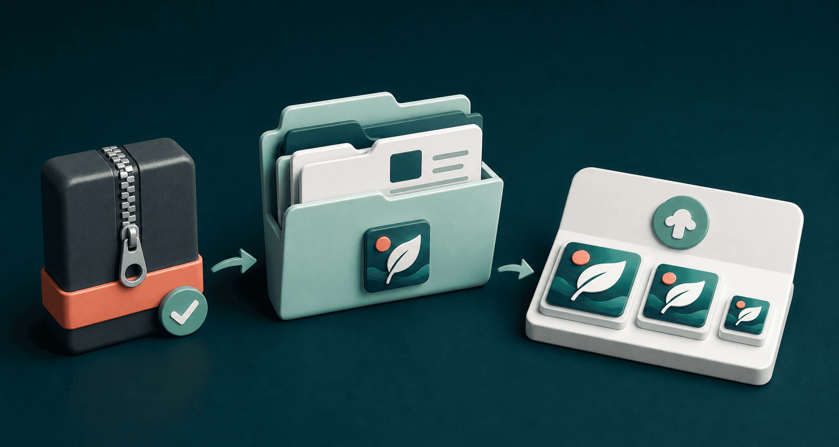 App icon result workflow visual showing ZIP download, Xcode asset catalog, and store console upload.