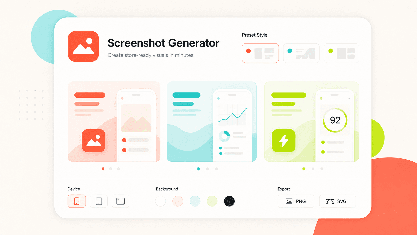 App store screenshot generator preview showing listing image cards, style presets, and export actions.