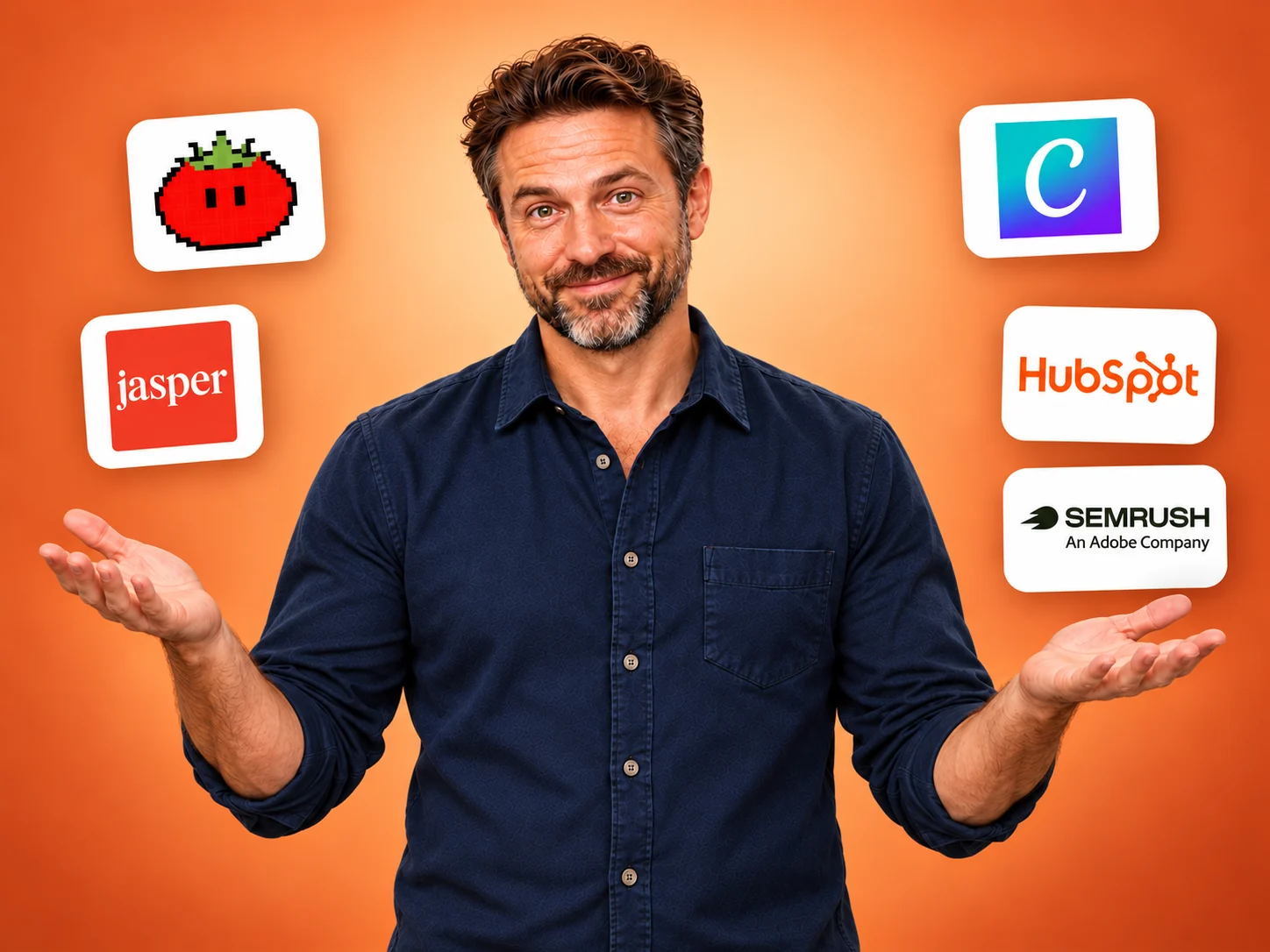 Half-body presenter with open hands and five brand logos on a warm orange background