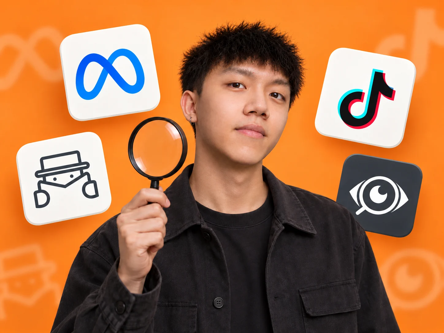 Ad spy tools cover with Meta, TikTok, BigSpy and AdSpy marks around a person holding a magnifying glass.